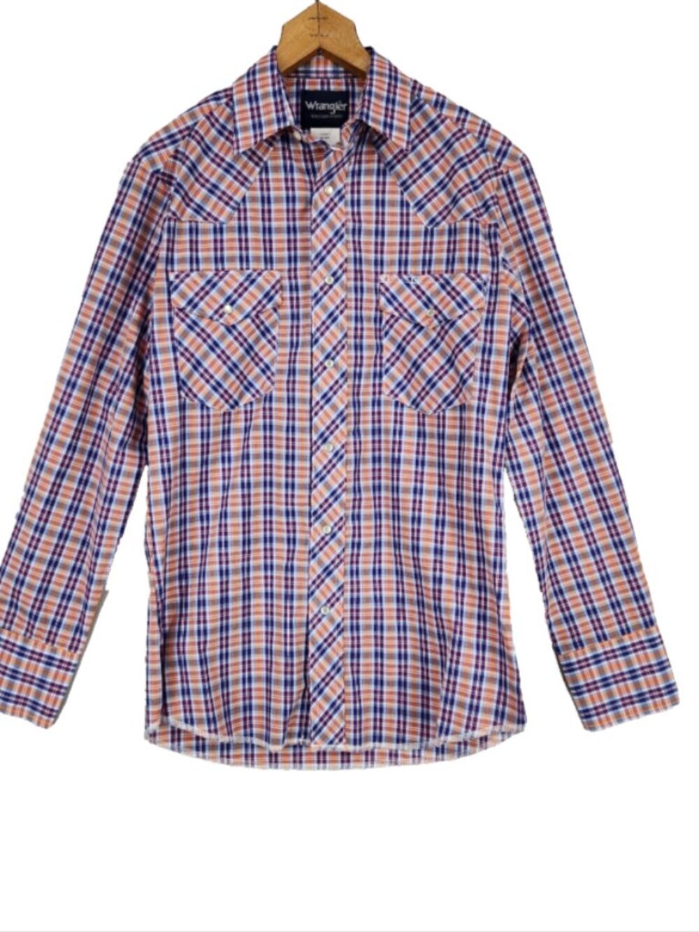 Wrangler Pearl Snap Western Shirt Mens S Orange Purple Plaid Cowboy Ranch Rodeo